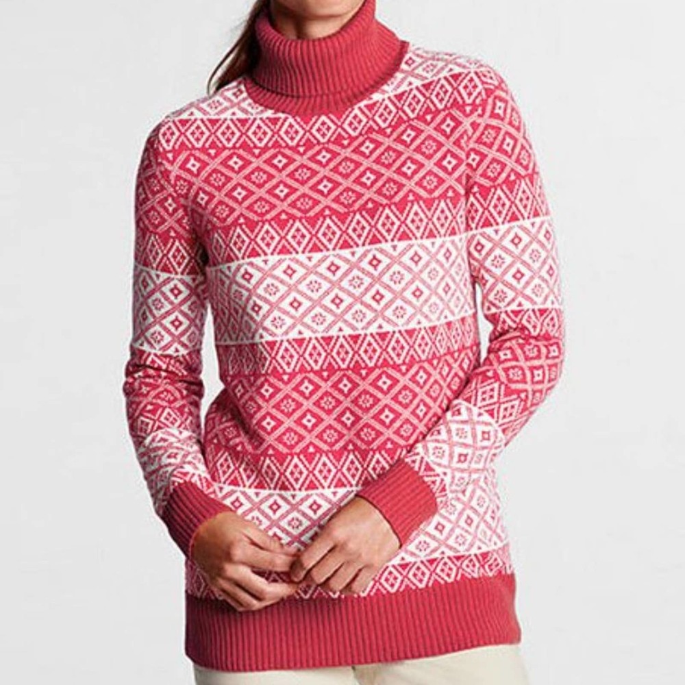 Lands End Fair Isle Wool Blend Sweater Turtleneck Red White Lambswool Size Small